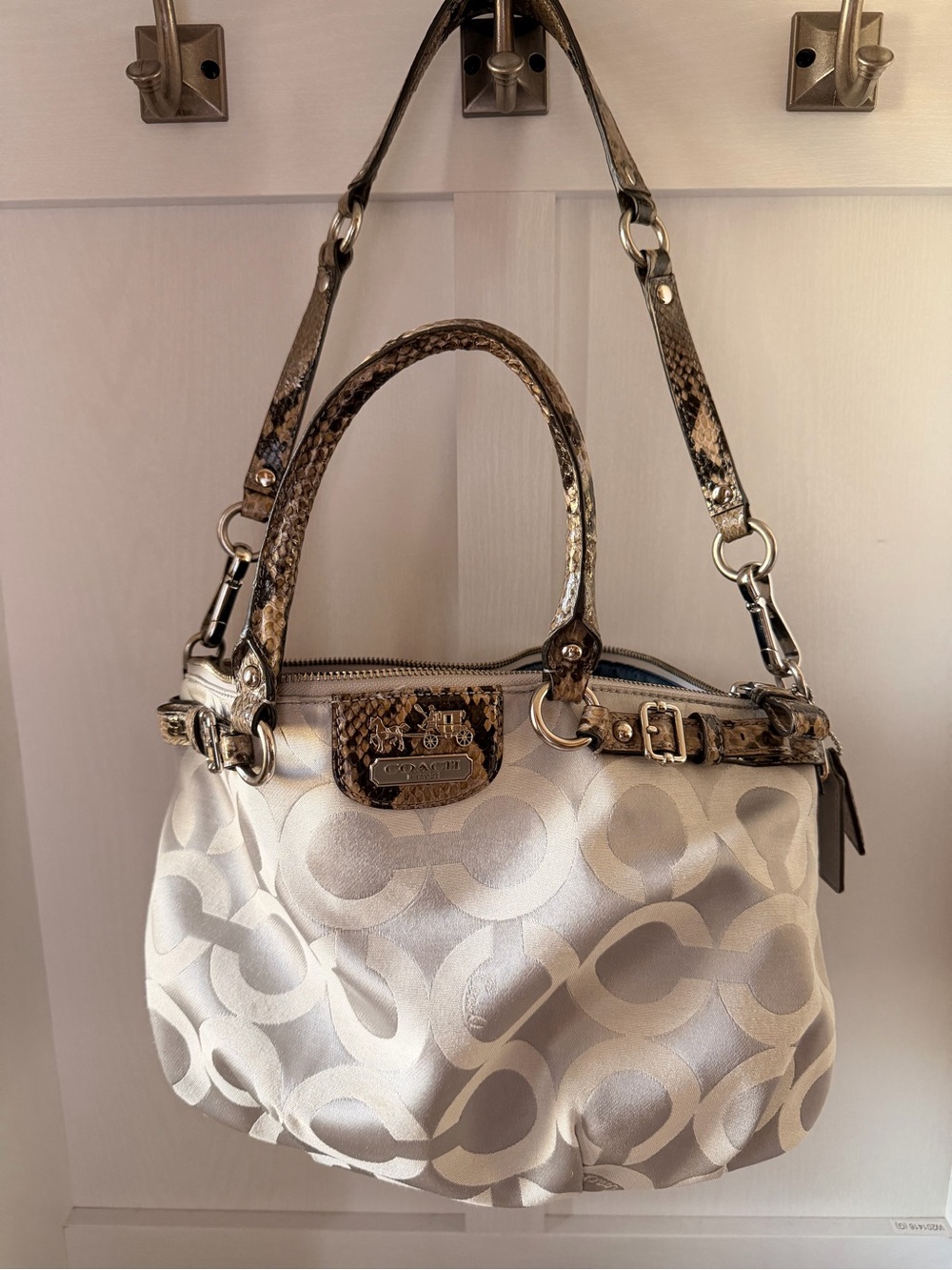 Coach Ivory Logo Satchel with Metallic Snake-Trim